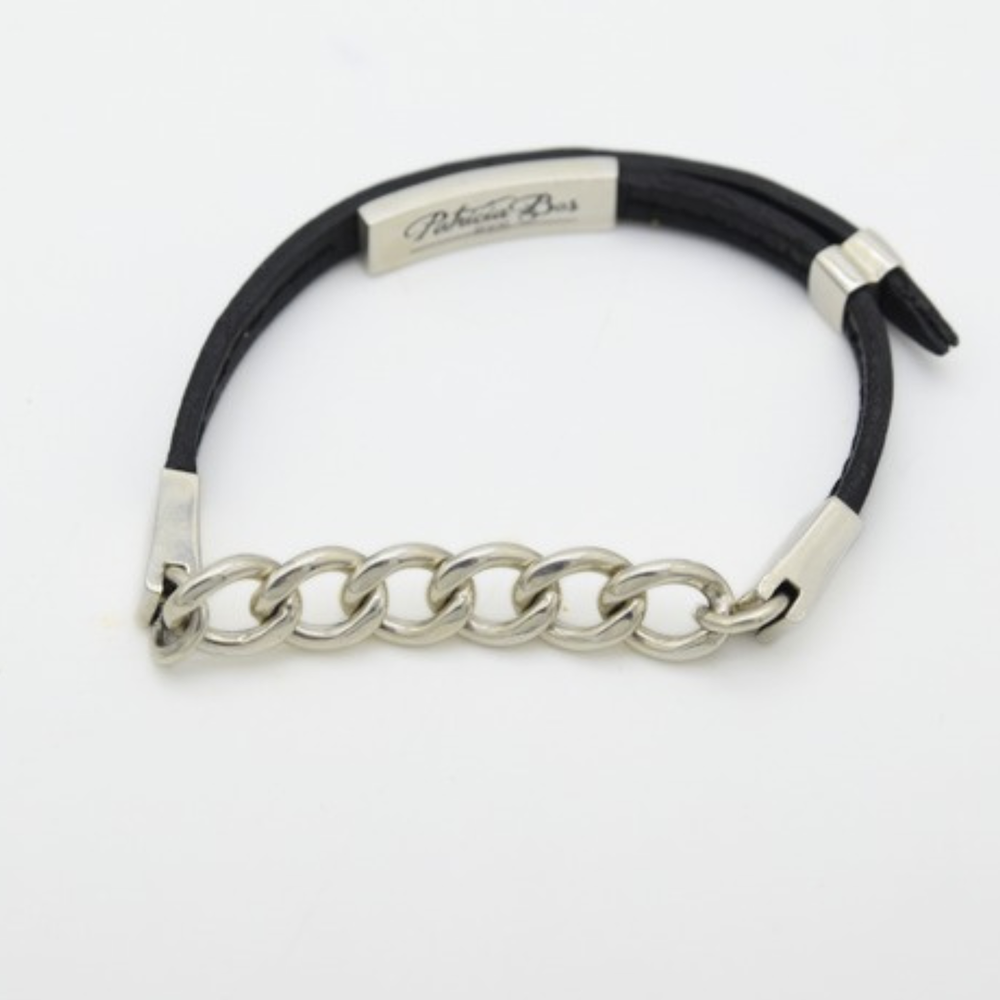 PHOENIX sterling silver curb chain and black leather bracelet, front view