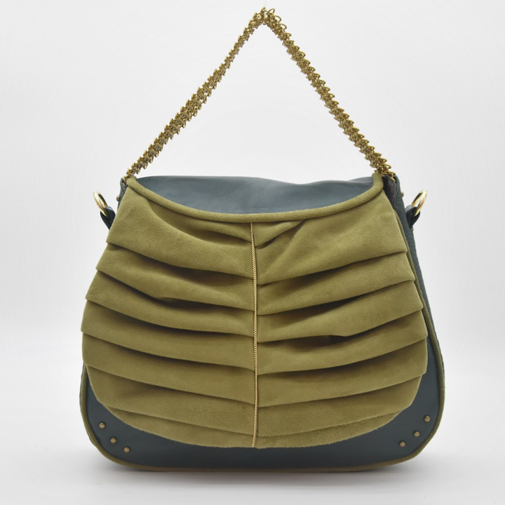 IVY saddle bag, moss suede flap and deep green leather body, handmade in our atelier