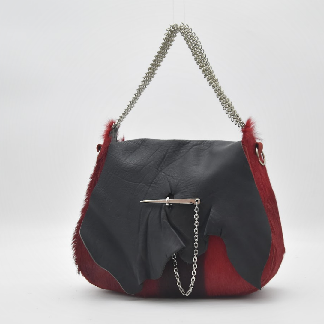 RED RUBY red and black leather saddle bag, handmade in our atelier