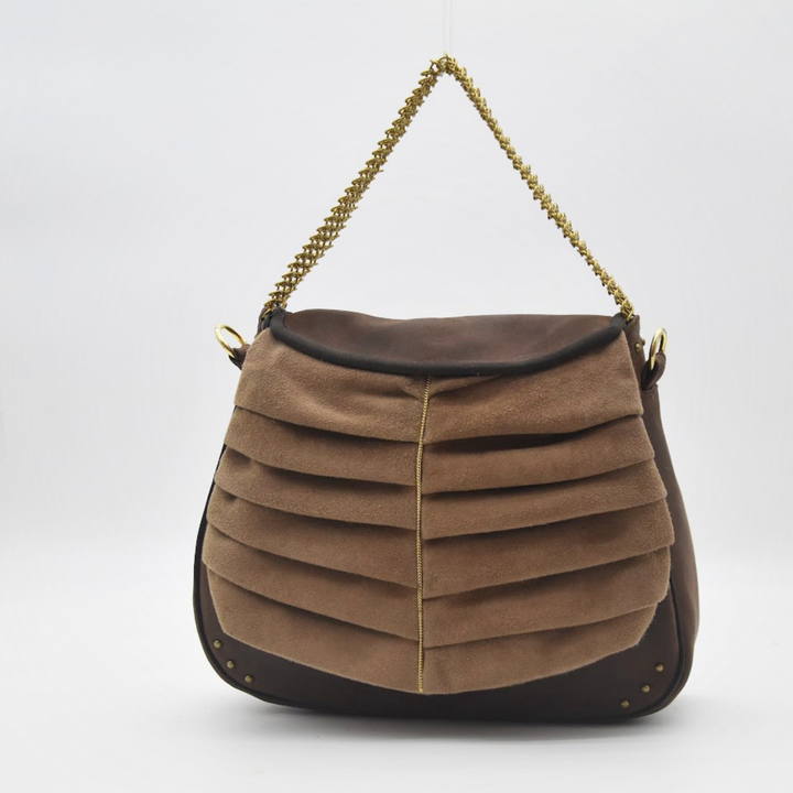 ADITYA tan suede and leather saddle bag, hand-set brass chainmail finished in gold