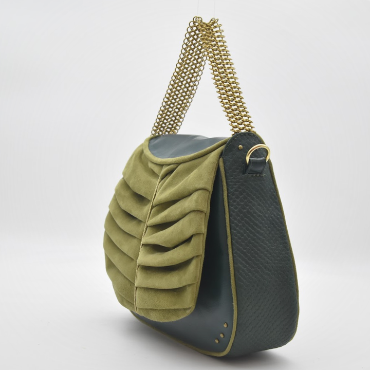 IVY green suede saddle bag with hand-set brass chainmail trim finished in gold