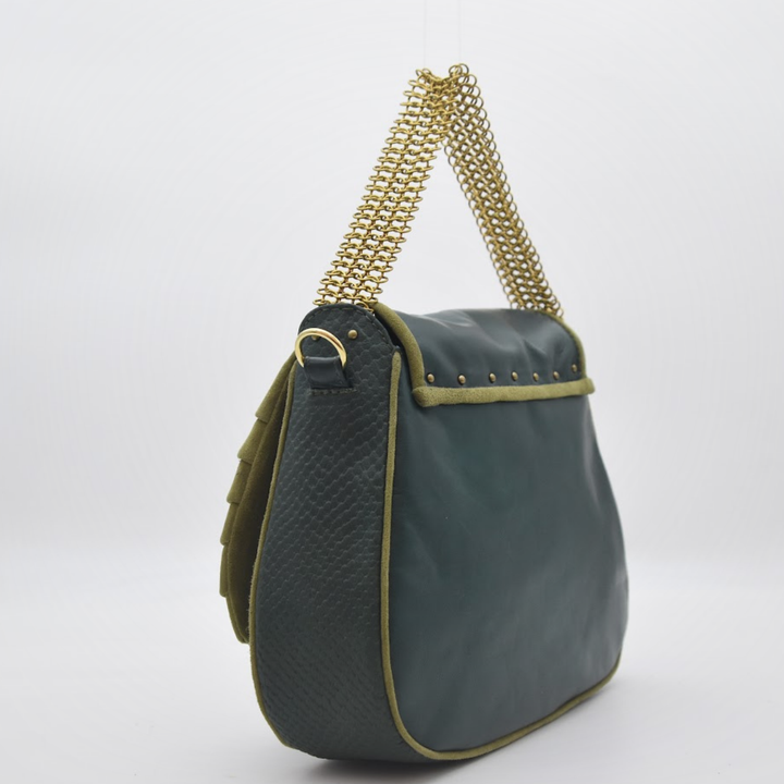 IVY saddle bag with detachable crossbody strap, moss suede and green leather