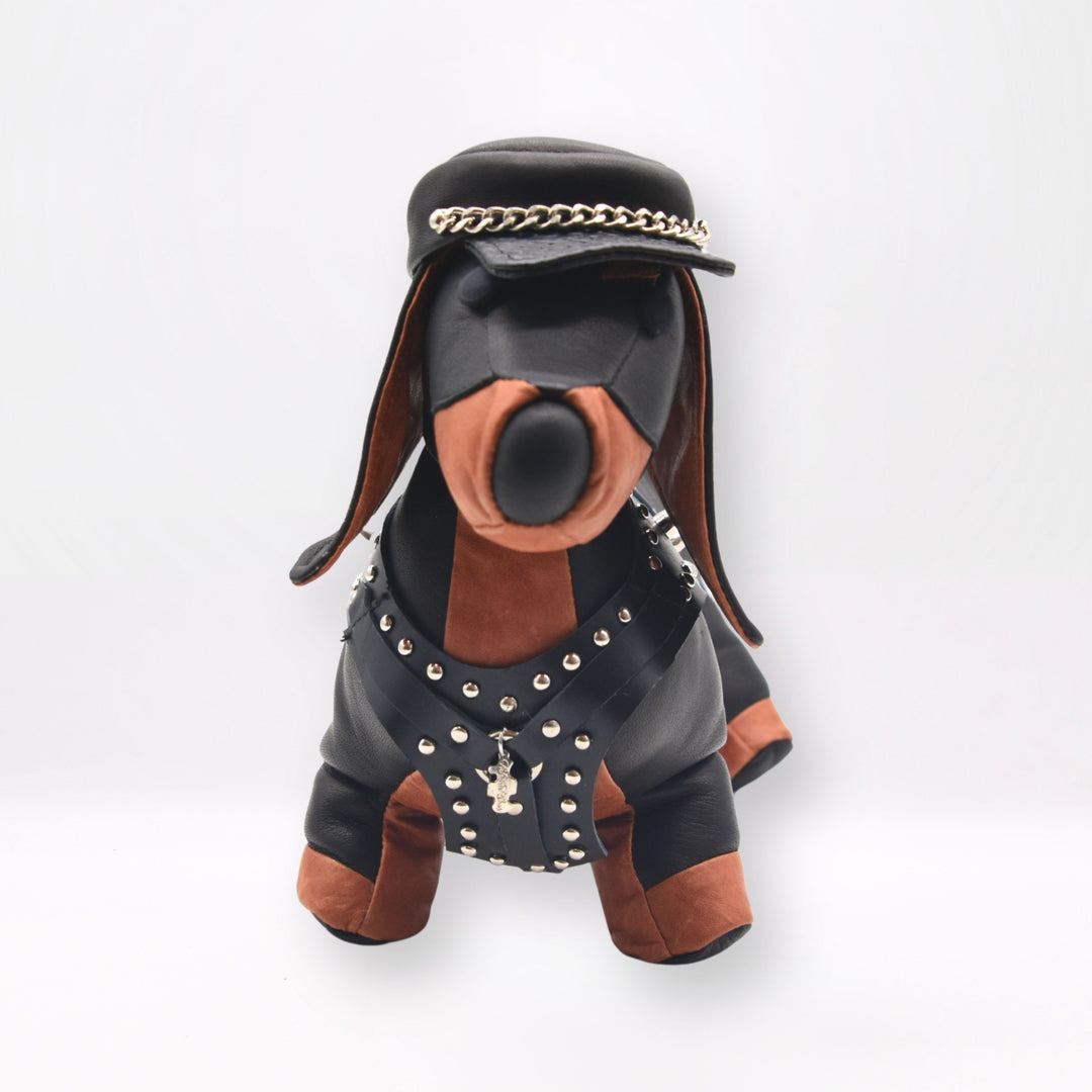 D-DASHY leather dachshund in a studded jacket, view 1, Patricia Bos Designs