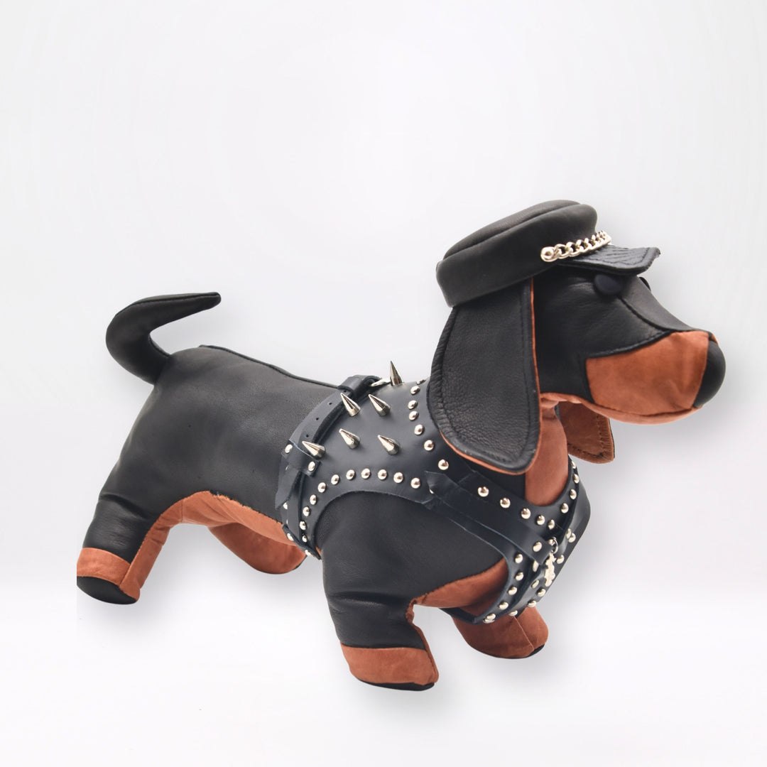 D-DASHY leather dachshund in a studded jacket, view 2, Patricia Bos Designs