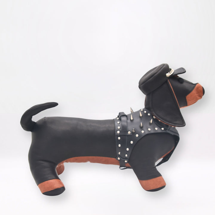 D-DASHY leather dachshund in a studded jacket, view 3, Patricia Bos Designs