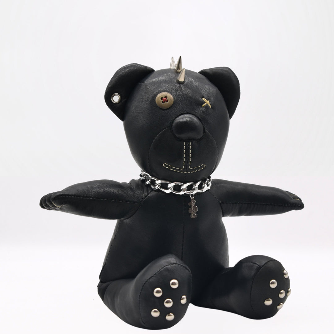 PUNK TEDDY black leather teddy bear, view 1, Patricia Bos Designs