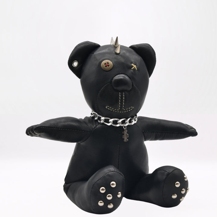 PUNK TEDDY black leather teddy bear, view 1, Patricia Bos Designs