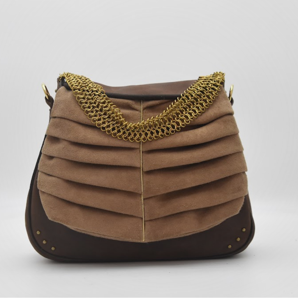 ADITYA saddle bag in tan suede and tone-on-tone leather with brass chainmail trim, front view, Patricia Bos Designs