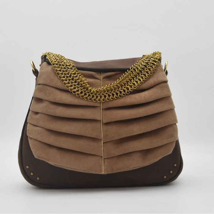ADITYA saddle bag in tan suede and tone-on-tone leather with brass chainmail trim, front view, Patricia Bos Designs