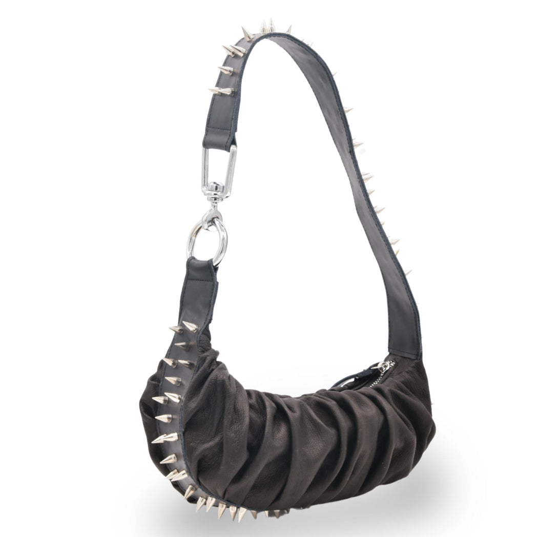 Pleated half-moon leather shoulder bag with all-around studs