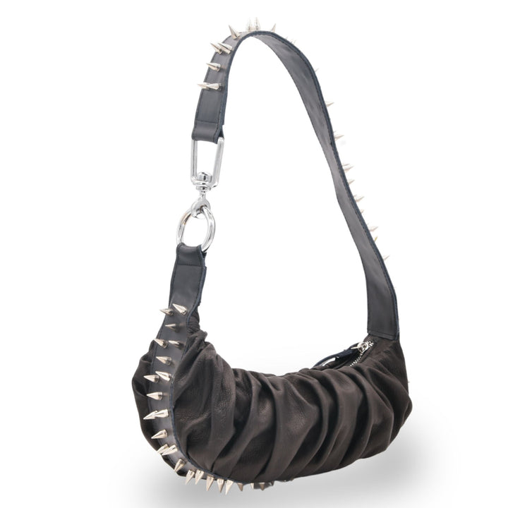 Pleated half-moon leather shoulder bag with all-around studs