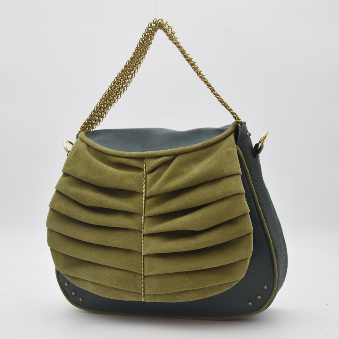 IVY saddle bag in moss suede and deep green leather with brass chainmail trim, front view, Patricia Bos Designs