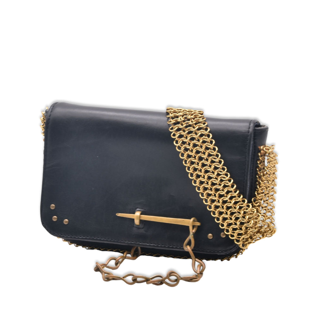 Elodie black leather shoulder bag with gold-brass chain
