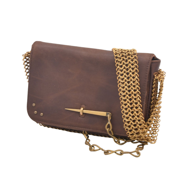 Elodie brown leather shoulder bag with gold-brass chain