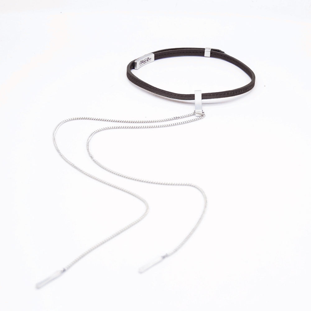 Patricia Bos EVA Choker — handcrafted leather choker with sterling silver chain and pendant drop, adjustable two-pin clasp detail.