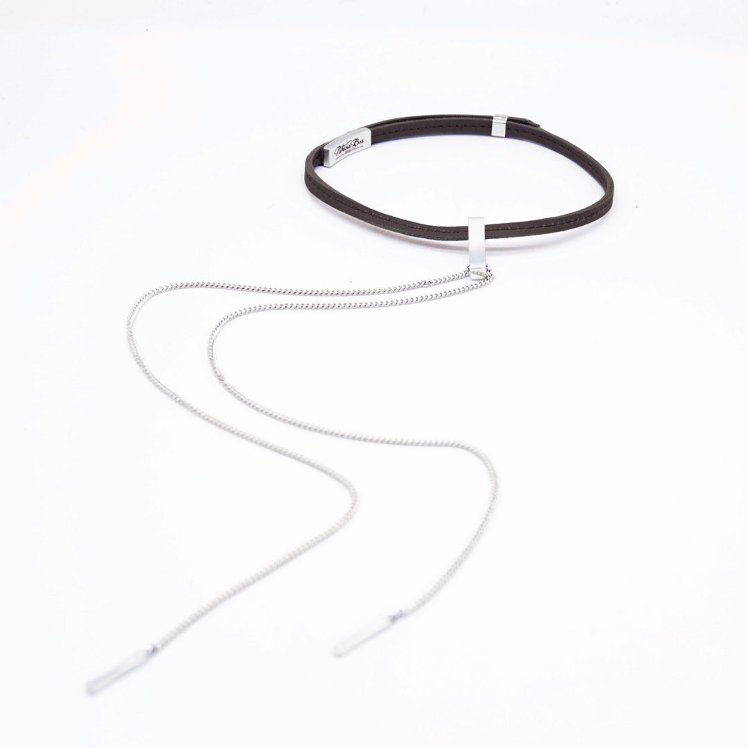 Patricia Bos EVA Choker — handcrafted leather choker with sterling silver chain and pendant drop, adjustable two-pin clasp detail.