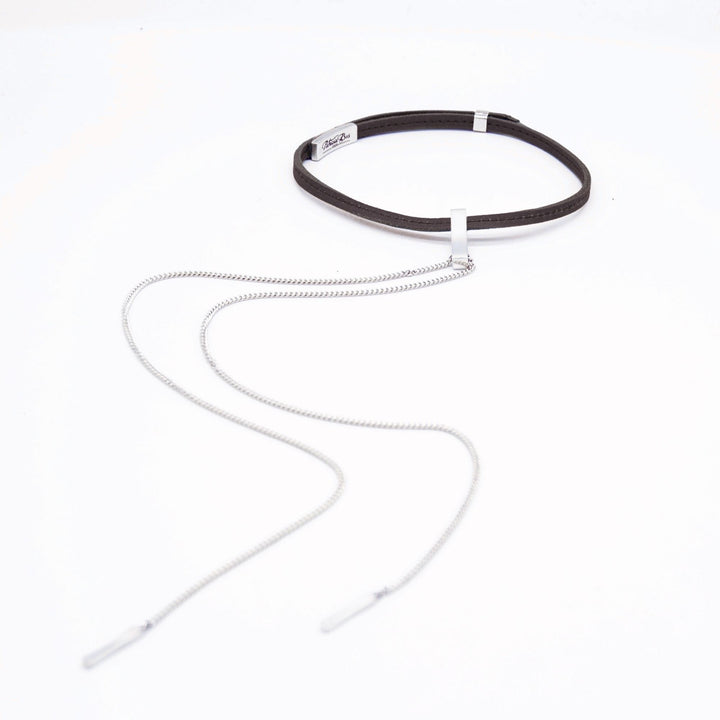 Patricia Bos EVA Choker — handcrafted leather choker with sterling silver chain and pendant drop, adjustable two-pin clasp detail.