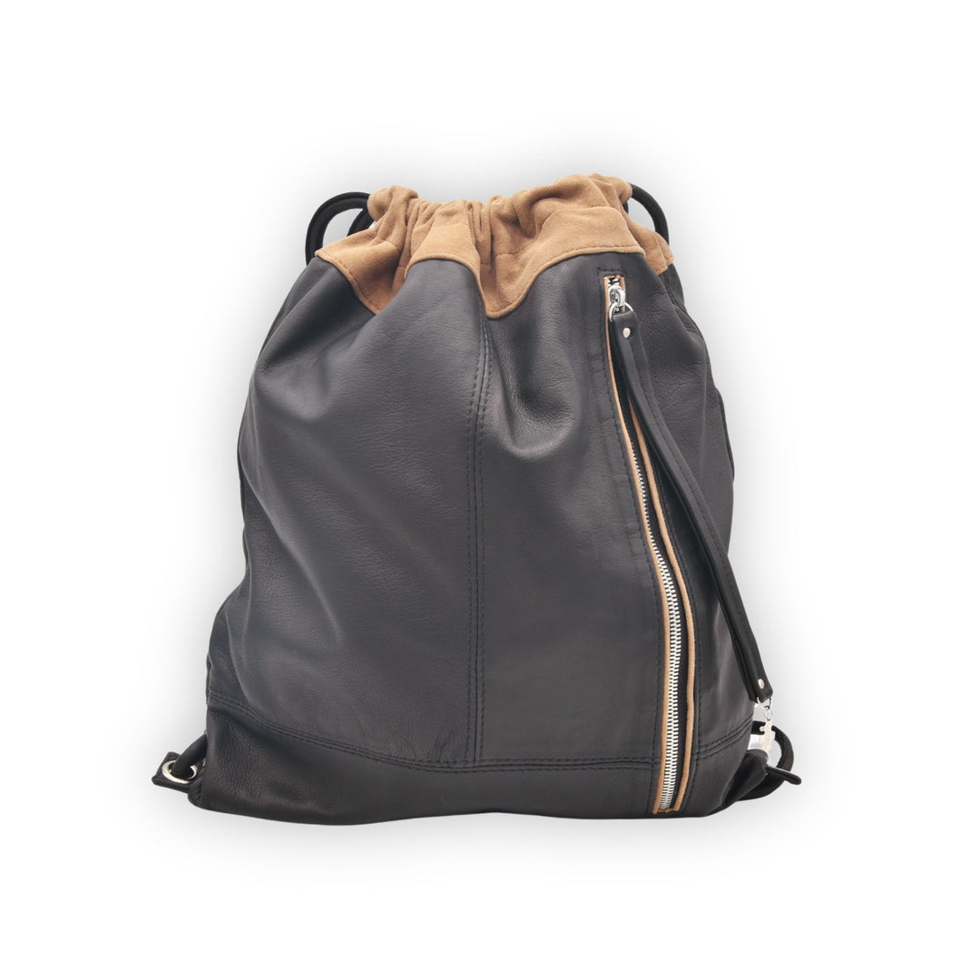 Gray drawstring bag with brown top section on a white background