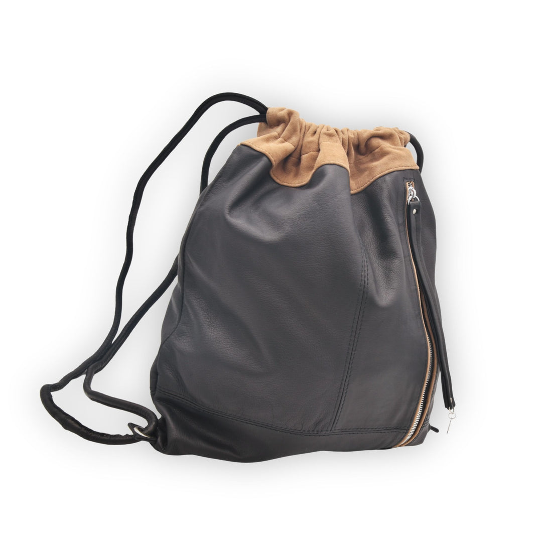 Drawstring bag with black body and brown top on a white background