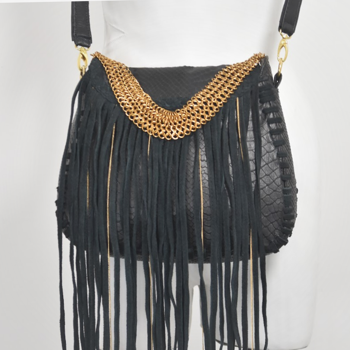 MEA fringe bag in motion, leather fringe and gold chain detail