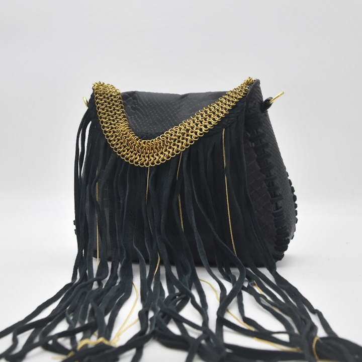 MEA fringe shoulder bag in black snake-embossed leather, front view