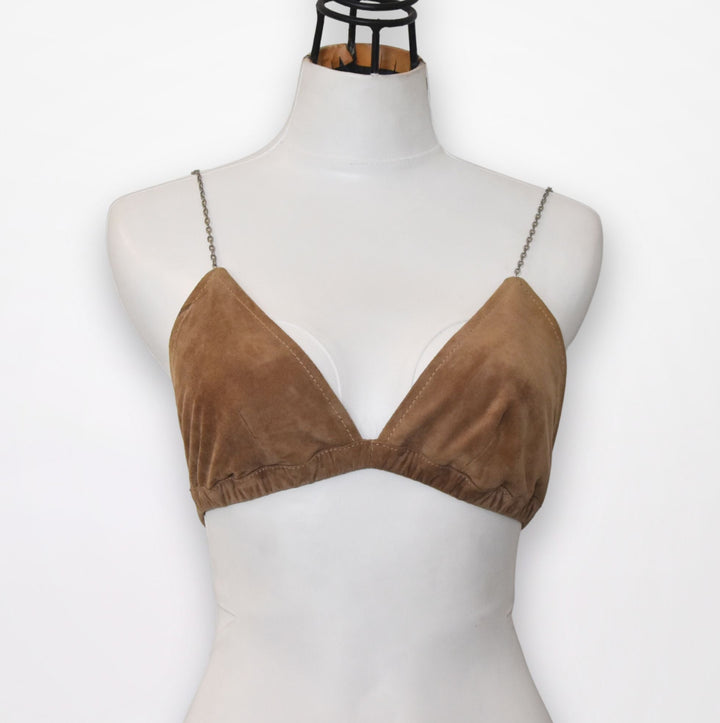 VELMA tan suede bra with chain straps, handmade by Patricia Bos Designs