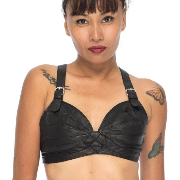 KENDRA black leather push-up bra, view 2, Patricia Bos Designs