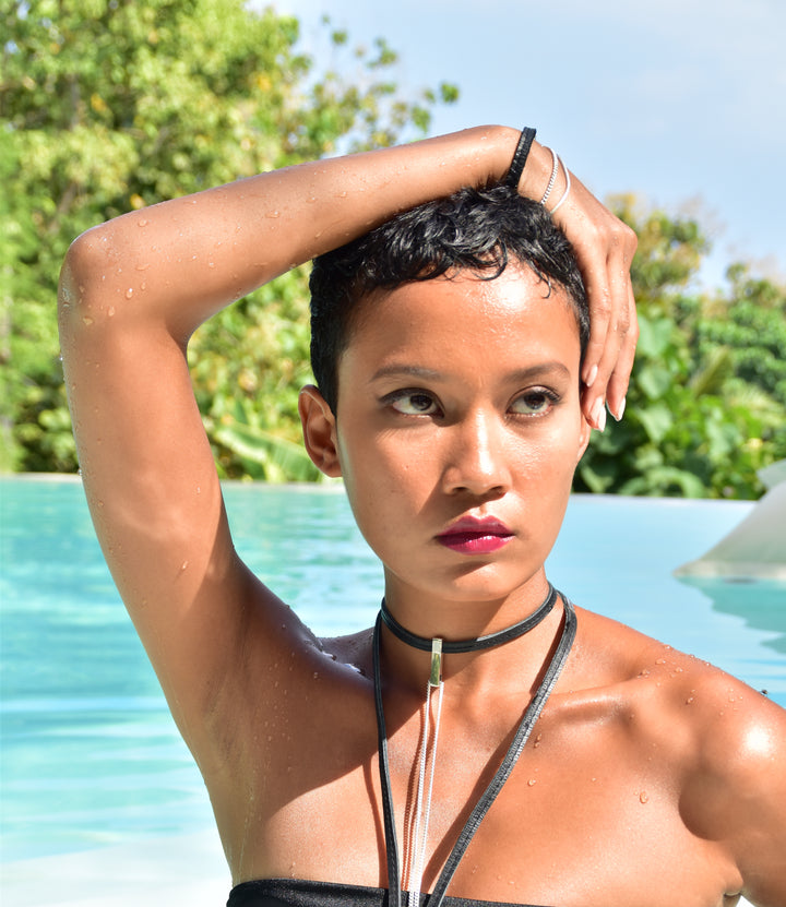 Summer look with EVA Choker layered with multiple Patricia Bos necklaces — effortless, sunlit elegance with a chic bohemian edge.